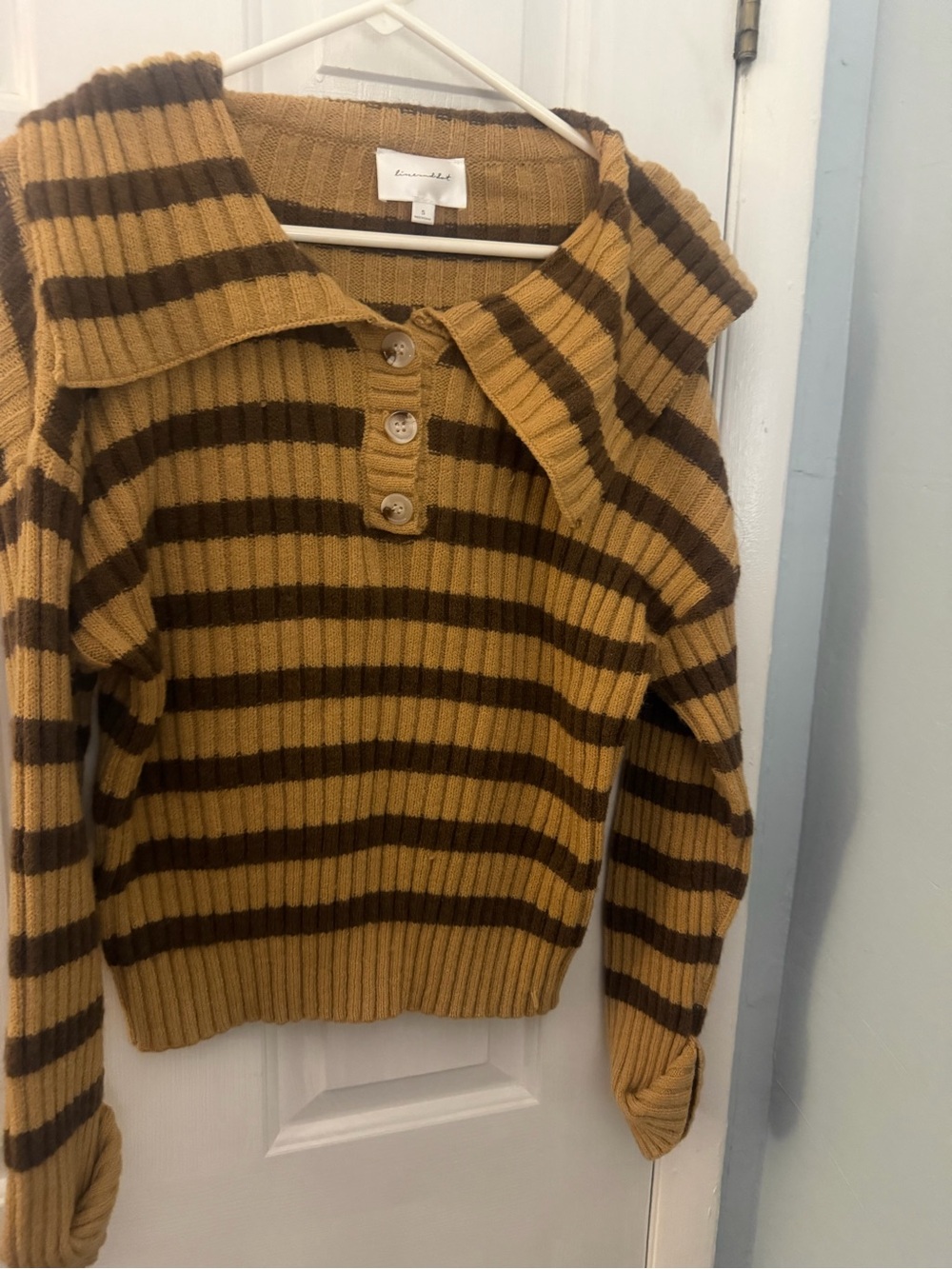 Line & Dot Striped Sailor Collar Sweater Brown Tan Size S
